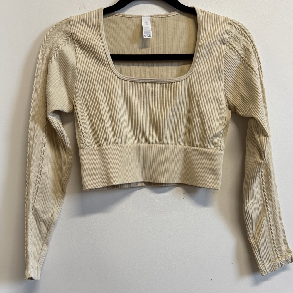 Offline by Aerie Ribbed Cropped Long Sleeve Top Cream Size M